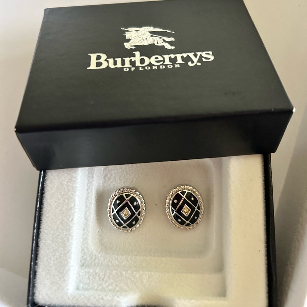 Burberrys Navy Blue and Silver Clip Earrings - Picture 3 of 6